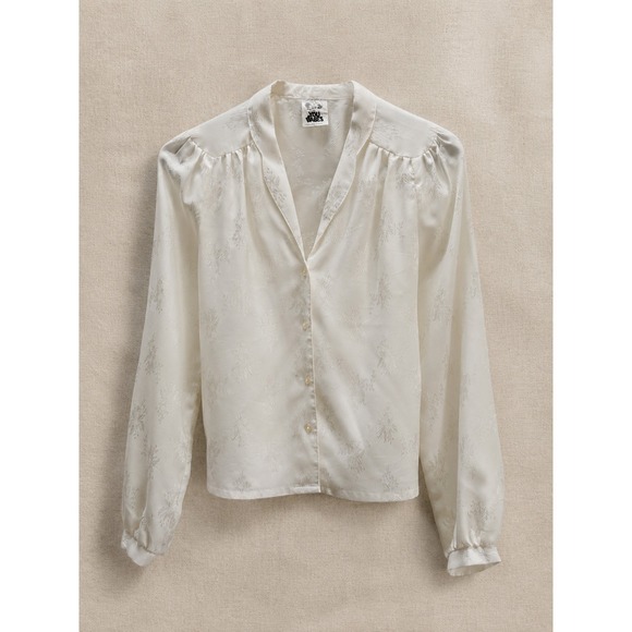 You Babes Tops - Vintage Ivory Jacquard Blouse Cottagecore Romantic‎ Boho Long Sleeve You Babes